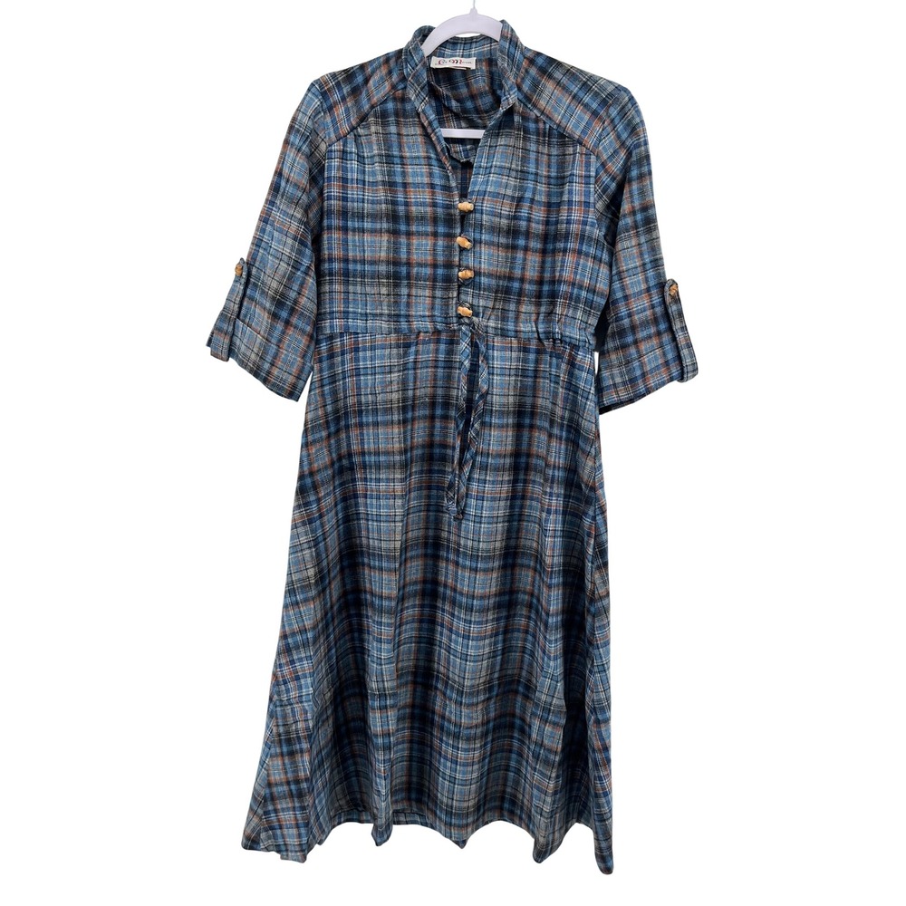 La Mom Blue Plaid Midi Dress Button Front Tie Waist 3/4 Sleeve Women's wool M